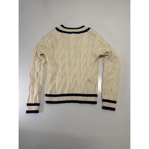 NWT Johnnie-O Women's XS Varsity Cable Knit Cotton Sweater Vanilla Navy V Neck - Picture 5 of 9